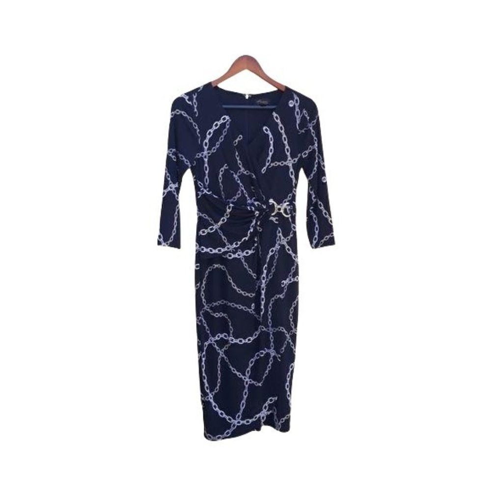 Vtg Thalia Sodi Witchy Chain Link‎ Print Midi Mock Wrap Dress Black Sz XS